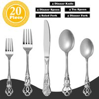 Ensemble de couverts rétro en acier inoxydable argenté royal, 20 pièces, service pour 4 personnes, poli miroir, résistant à la rouille, passe au lave-vaisselle