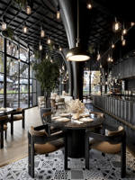 Ensemble de meubles de café-restaurant en cuir moderne, table et chaises avec structure en acier inoxydable pour café et entrepôt