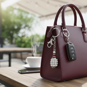 Portachiavi a forma di birillo da bowling in cristallo con strass, catena e chiusura tono argento per auto o borsa - Product Image 3
