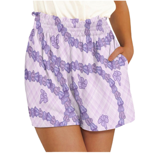 Shorts amples personnalisés à taille haute/élastique en spandex/polyester avec volants, imprimé Maile Lei, respirant, style décontracté et tendance insulaire - Product Image 2