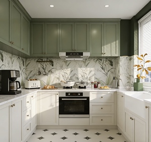 Armoires de cuisine modulaires européennes sur mesure (vert olive et blanc) |   Quincaillerie en laiton et crédence tropicale |   Portes à fermeture douce - Product Image 3