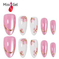 Faux ongles magnétiques œil de chat rose, forme amande moyenne, motif floral doré, style salon, DIY, pour nail art, marque privée OEM