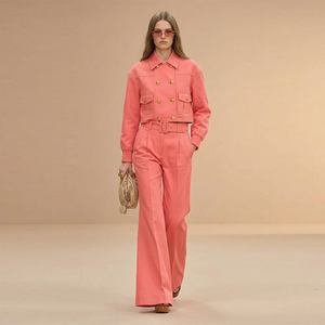 Custom Women Casual Fashion Suit 100% Cotton Twill Two-Piece Suit Set Double Breasted Top Wide Leg Pants <strong>2</strong> Piece Set - Product Image 1