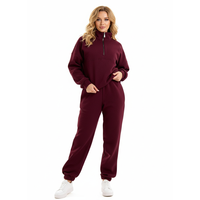 Setelan Olahraga Wanita Bahan Fleece Tebal Ukuran Besar, Sweatshirt Setengah Resleting dan Celana Jogger Berpinggang Karet, Gaya Athleisure Minimalis