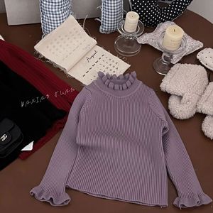 Children's Girl Warm Wool Sweater Solid Color Thickened Knitted Top With Ruffled Edges Lace Collar Full Sleeve - Product Image 2