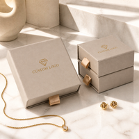 Boîte à bijoux de luxe personnalisée beige avec logo, emballage coulissant écologique en papier nude avec ruban pour collier