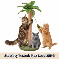 Griffoir pour chat en sisal, design palmier, grand modèle sur pied, avec jouet boule en jute suspendue, base en tapis vert