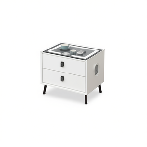 Smart <b>Bedside</b> Table 50x40x45cm <b>White</b> Glass Top 2 Drawers Modern Minimalist Design Bedroom Nightstand Home Furniture - Product Image 1