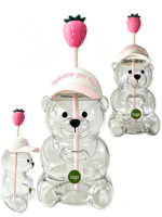 Meilleure Qualité 2026 Gobelet en Verre Teddy Bear Bearista Rose Fraise 591ml (20OZ) pour Boissons Froides avec Couvercles et Pailles