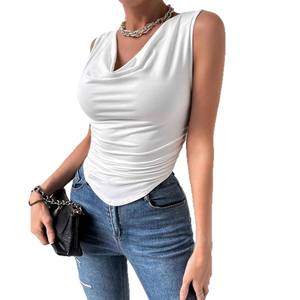 Top sin mangas para mujer, fruncido, transpirable, estilo hip hop, tipo wrap/swing, color liso blanco, de poliéster tejido, para uso casual. - Product Image 5