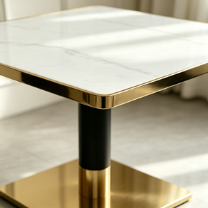Table à manger carrée moderne avec plateau en pierre frittée et bordure dorée, piétement en métal noir et or pour usage domestique et commercial - Product Image 6