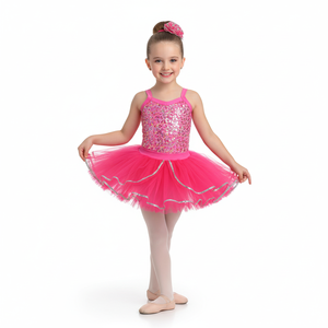 Vestido de Ballet con Lentejuelas Rosa Intenso para Niñas, con Adornos Plateados con Volantes, para Baile y Fiestas Temáticas, Ropa Profesional para Danza Jazz - Product Image 2