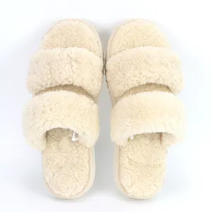 Chanclas de piel de oveja rizada con plataforma de doble correa a la moda para mujer, pantuflas de piel de oveja esponjosas para mujer