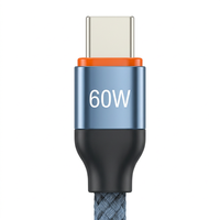 Kabel USB C ke USB C 60W Biru dengan Jalinan Kain, Kabel Pengisi Daya Tipe C untuk Ponsel, Tablet, Laptop, Mobil, dan Perjalanan