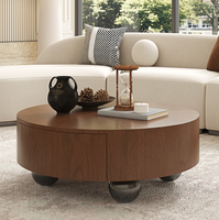 Table basse ronde en noyer de 35,43 pouces, moderne, à hauteur réglable, en forme de tambour, avec tiroir de rangement dissimulé et pieds sphériques