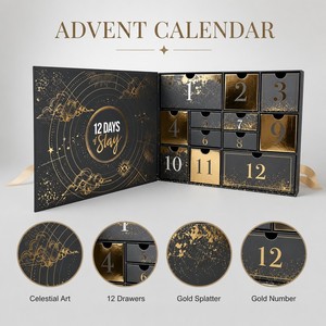 Calendario <span class=keywords><strong>de</strong></span> Adviento <span class=keywords><strong>de</strong></span> Lujo '12 Días <span class=keywords><strong>de</strong></span> Slay', Diseño Celestial con Lámina Dorada, Caja <span class=keywords><strong>de</strong></span> Belleza con Cajones, Embalaje <span class=keywords><strong>de</strong></span> Papel para Venta al Por Mayor, Marca Privada OEM - Product Image 1