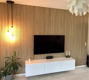 Painéis de ripas acústicos de parede para decoração de interiores, painéis de ripas de madeira de carvalho natural modernos e modernos com absorção sonora por atacado