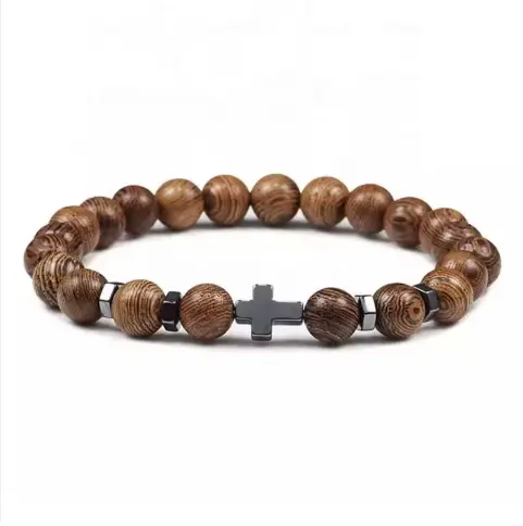 2024 Popular Tiger Eye Round Bead Bracelet Iron Natural Stone Cross Bracelet Fashion Wholesales Bracelet For Women Men