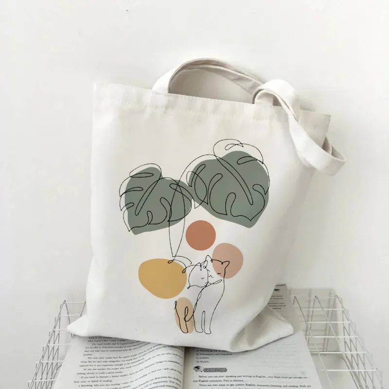 OEM Summer Shoulder Canvas Large Capacity Messenger Cute Fun Handbag Plant Cat Shopping Shopper Tote Bag