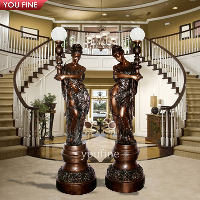 Elegant Indoor Bronze Standing Lady Torchiere Floor Lamps Pair