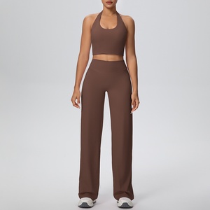 Nuevo Conjunto de Yoga Transpirable de Color Sólido de Doble Cara para Mujer con Pantalones Anchos de Hombros Descubiertos, <span class=keywords><strong>Ropa</strong></span> de Fitness - Product Image 3