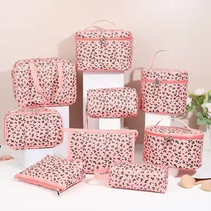 Travel Portable Cosmetic Bags Cases Large Capacity PU Leather Pink Leopard Toiletry Bag