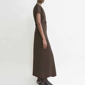 Kleding Fabrikanten Custom Lente Zomer Casual Korte Mouw Slouch Taille Satijn Maxi Jurk - Product Image 3