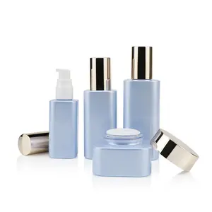 Hochwertiges 40 g 40 ml 80 ml 120 ml hellblaues Glas Kosmetikverpackung Toner Lotion Pump Flasche Gesichtscreme-Glas-Set