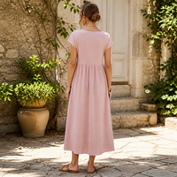 Robe midi rose pour femme, col bateau, manches courtes, taille froncée, coupe trapèze, poches latérales, plage, été, décontractée, vente en gros, OEM