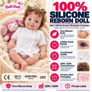 Muñeca Reborn de Silicona de Cuerpo Completo DollDuo Personalizada de 18 Pulgadas, 100% Silicona, Ojos Azules, Cabello Rizado, Mono de Encaje Blanco, Lazo de Satén, Regalo para Bebés - Product Image 1