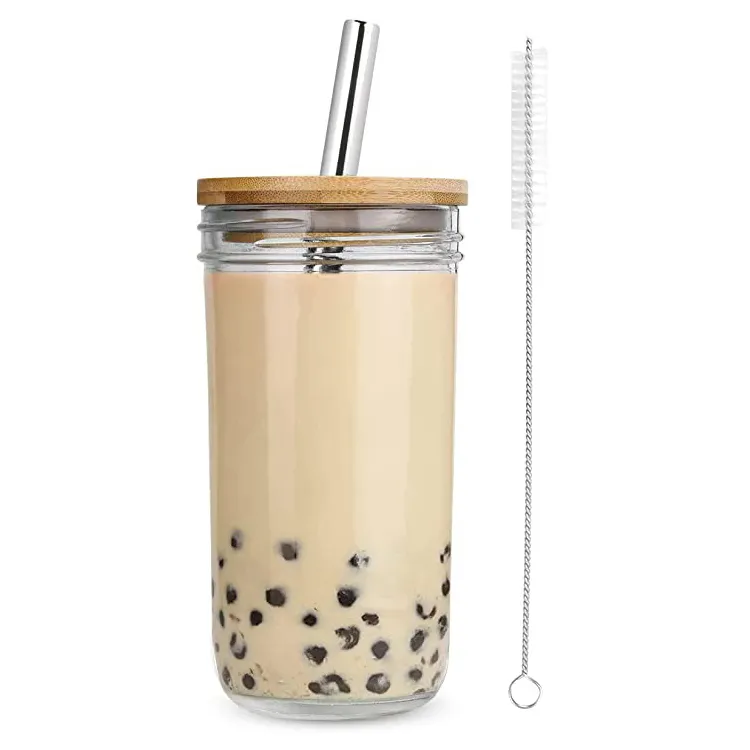 20 oz riutilizzabile bocca larga frullato di vetro caffè ghiacciato Mason Jar tazze Boba con coperchio in bambù e cannucce per i viaggi in festa