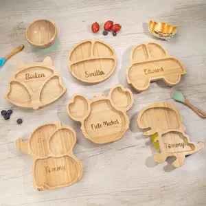 Vajilla de madera ecológica personalizada, juego de platos de alimentación para bebés, utensilios de madera, plato de succión de animales de bambú, juego de vajilla para bebés y niños