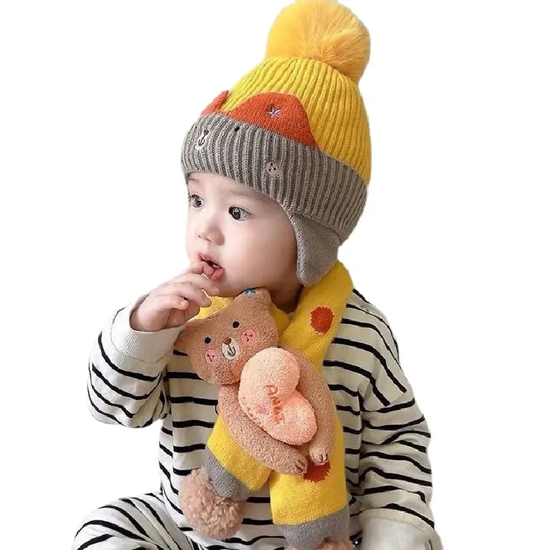 Lindo cálido 2 piezas niños invierno tejido orejeras sombreros bufanda conjunto para 6 meses-6 edades