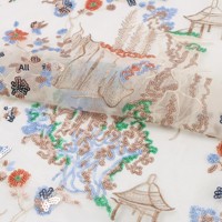 Tissu en tulle brodé de sequins multicolores à motif de pagode, idéal pour robes de soirée, tenues de fête et décorations de mode