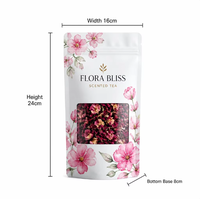 Sachet d'emballage de thé parfumé imprimé sur mesure, pochette verticale FLORA BLISS en Mylar avec fenêtre et fermeture éclair pour thé aux herbes et aux fruits