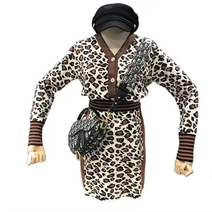 woman long sleeves & skirt suit with leopard pattern V neck cropped sets