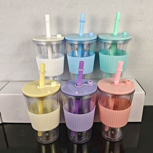 In-stock American-style 16oz 480ml Borderless Double-layer PS <b>Cup</b> Lid Popular Creative <b>Large</b>-hole Pearl Milk <b>Tea</b> <b>Cup</b> - Product Image 4