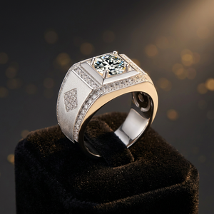 Bague de fiançailles pour homme en platine, diamant 1,0 carat VVS1 couleur DEF, design géométrique à griffes, style original, or massif 18 carats rhodié, IGI - Product Image 3