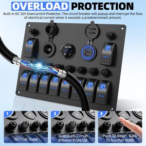Pannello Interruttori a Bilanciere Marino a 10 Vie con USB, Voltmetro, <span class=keywords><strong>Presa</strong></span> Accendisigari <span class=keywords><strong>12V</strong></span> 24V, Impermeabile, per Barca, con Interruttore Principale e Interruttore Automatico - Product Image 6