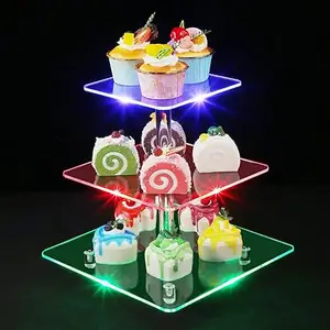 Berdiri Cupcake akrilik LED 3 tingkat, dapat diisi ulang jelas tampilan makanan penutup menara Cupcake untuk Natal, pernikahan, Hari Jadi