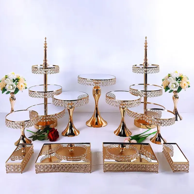Luxus Perle Kristall Spiegel Top Kuchenst änder Hochzeits feier Dekoration Runde Gold Kuchen Sockel Metall Display Kuchenst änder Set