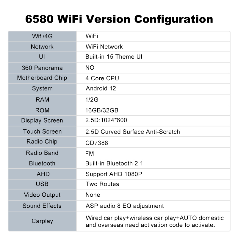 6580 Universal 7/9/10'' Multimedia 2din Car Player - Android 12