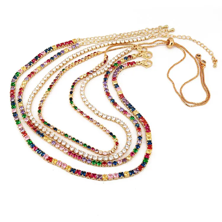 NZ1010-joyería brillante de moda, gargantilla de cadena de tenis de diamantes de circonia cúbica de arcoíris minimalistas de oro clásico delicado