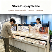 Vitrine de présentation de lunettes en bois sur mesure pour opticien, avec tiroir coulissant, support de présentation de lunettes de soleil, éclairage LED, îlot central pour lunettes