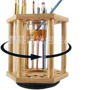 Wooden Rotating Brush Holder Paintbrush Storage Stand <b>Desktop</b> Makeup Organizer Solid Wood Single Layer Display Rack - Product Image 2