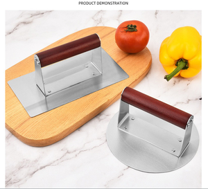 Presse à viande 2-en-1 en acier inoxydable avec manche en bois de hêtre, antiadhésive, écologique, pour hamburgers, steaks, teppanyaki, compatible lave-vaisselle - Product Image 5