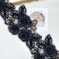 Bordure en dentelle florale brodée de sequins noirs |   Dentelle en maille florale colorée pour Abaya, Kaftan, manches de robe, bordure décorative