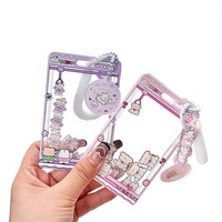 Porte-carte d'identité en acrylique transparent à motif ours, style Kawaii, avec fonction de secouage, couvercle coulissant et cordon à ressort