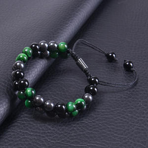 Bracelet en pierre d'oeil de tigre de 8mm pour hommes bijoux tissés à <span class=keywords><strong>la</strong></span> main Double couche réglable anxiété guérison pierre précieuse hématite Bracelet perlé - Product Image 4
