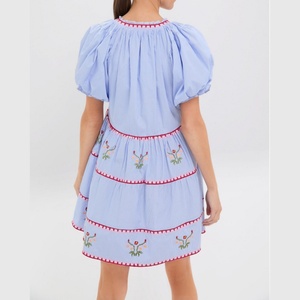 Nuevo Vestido Corto de Verano para Mujer, Estilo Boho, con Mangas Abullonadas, Bordado, a Rayas, de Algodón - Product Image 3